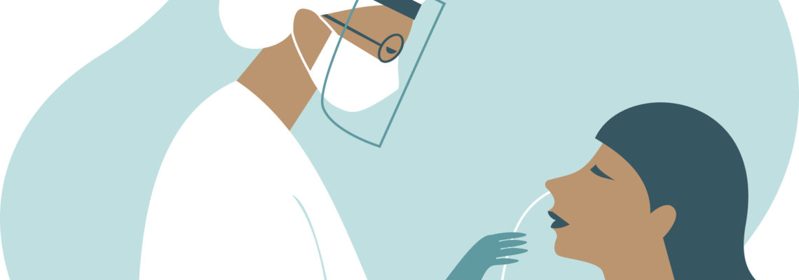 Coronavirus COVID-19 diagnostics. Doctor wearing full antiviral protective gear  making nasal swab test for patient. Flat vector illustration.