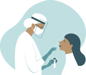 Coronavirus COVID-19 diagnostics. Doctor wearing full antiviral protective gear  making nasal swab test for patient. Flat vector illustration.